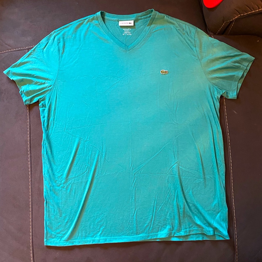 🐊 NWOT Lacoste Mens V Neck 100% Pima Cotton Tee Teal Size XXL 🐊